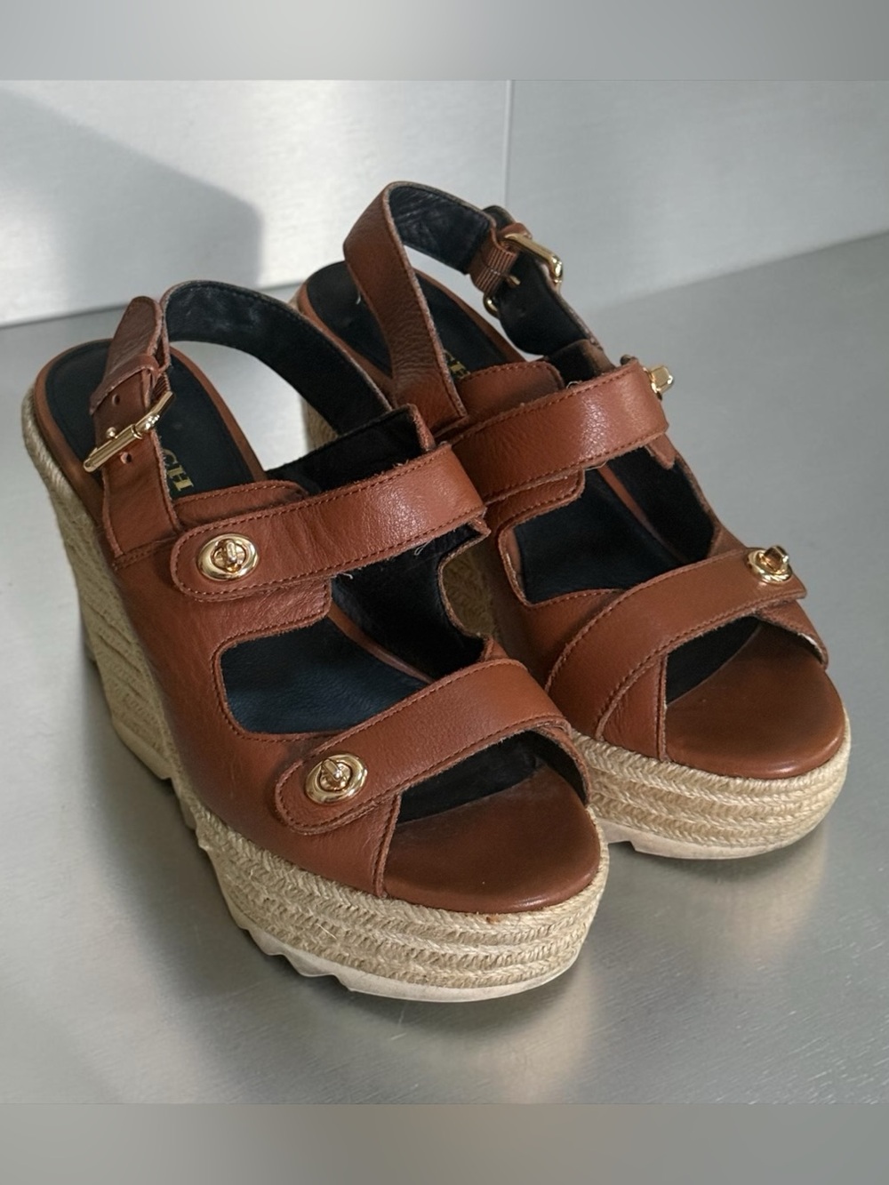 Coach Cognac Brown Leather Espadrille Platform Wedge Sandals! Size 6 EUC!! - Picture 3 of 13